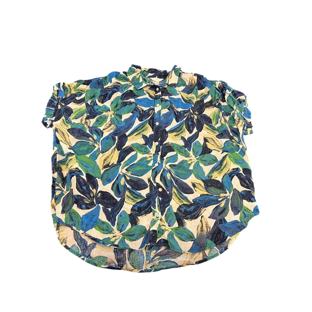 Time and Tru Womens XXXL 22 Blue Green Tropical Floral Linen Blend Button Shirt